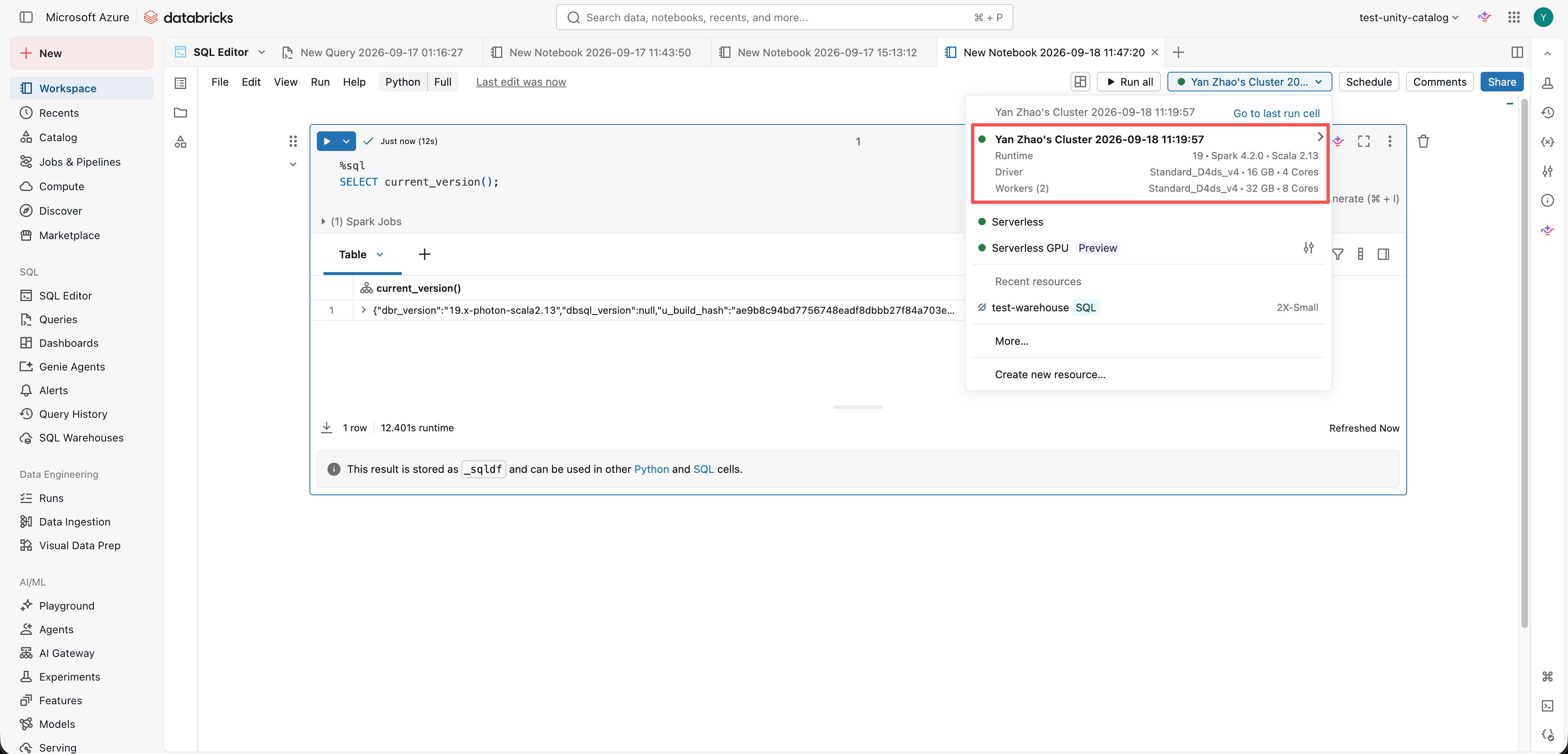 Notebook compute selector showing Runtime 19 and the current_version query result