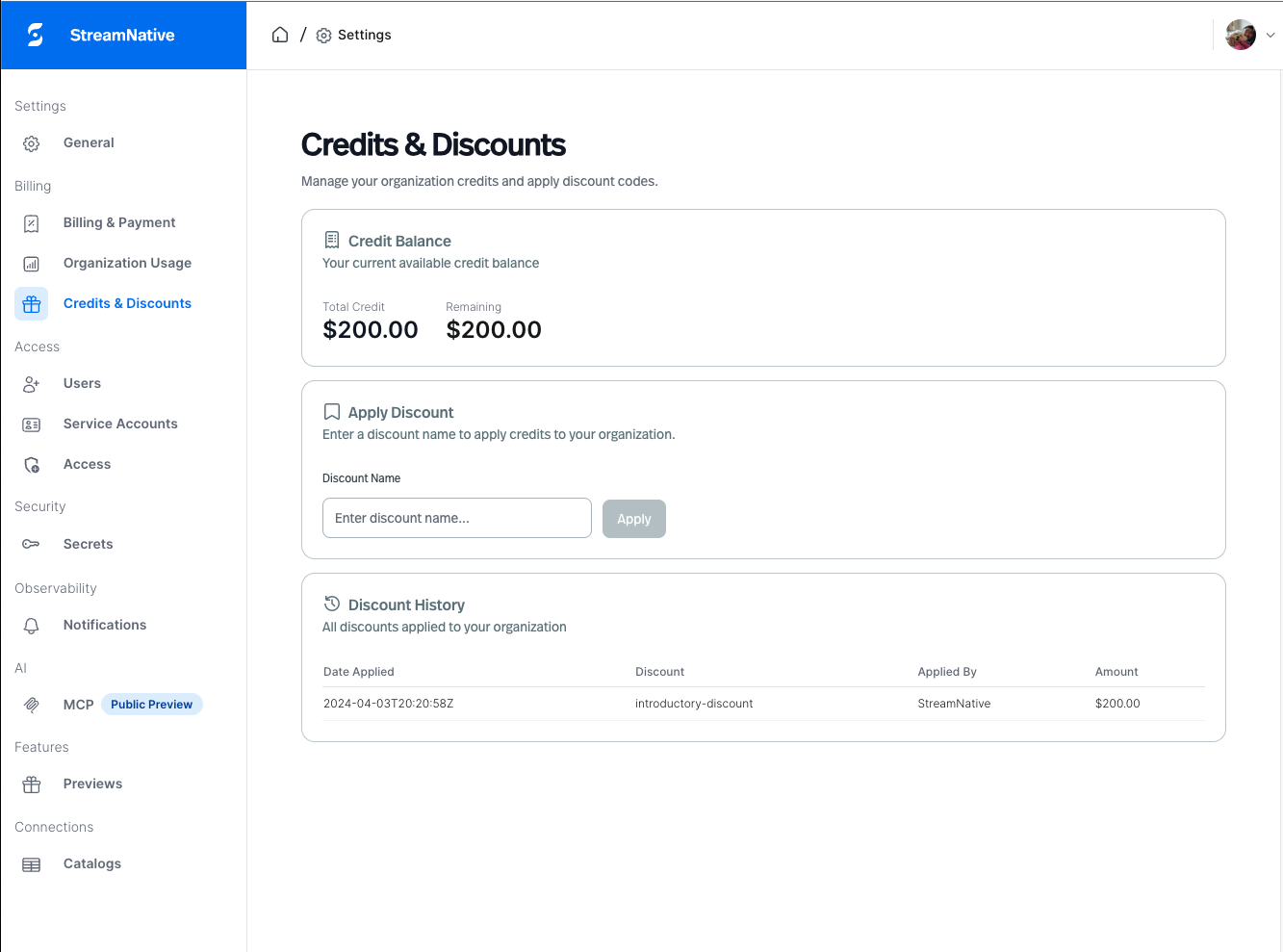 View Credits and Discounts - StreamNative Documentation