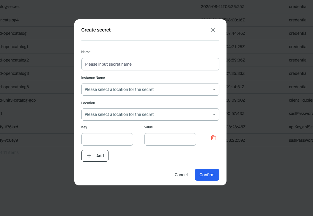 screenshot of creating secret for AWS lambda sink