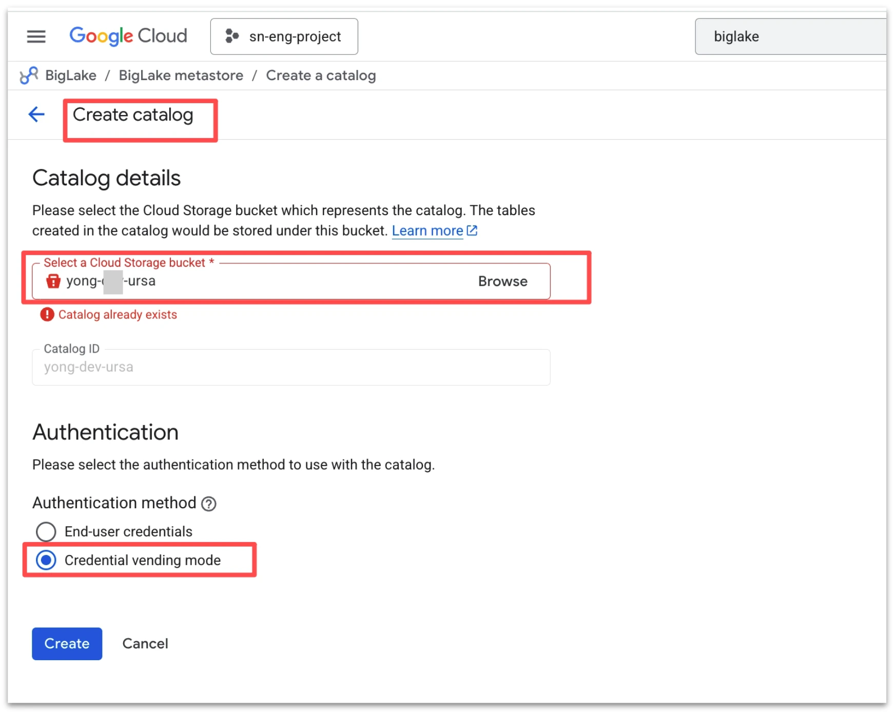 Create BigLake Catalog