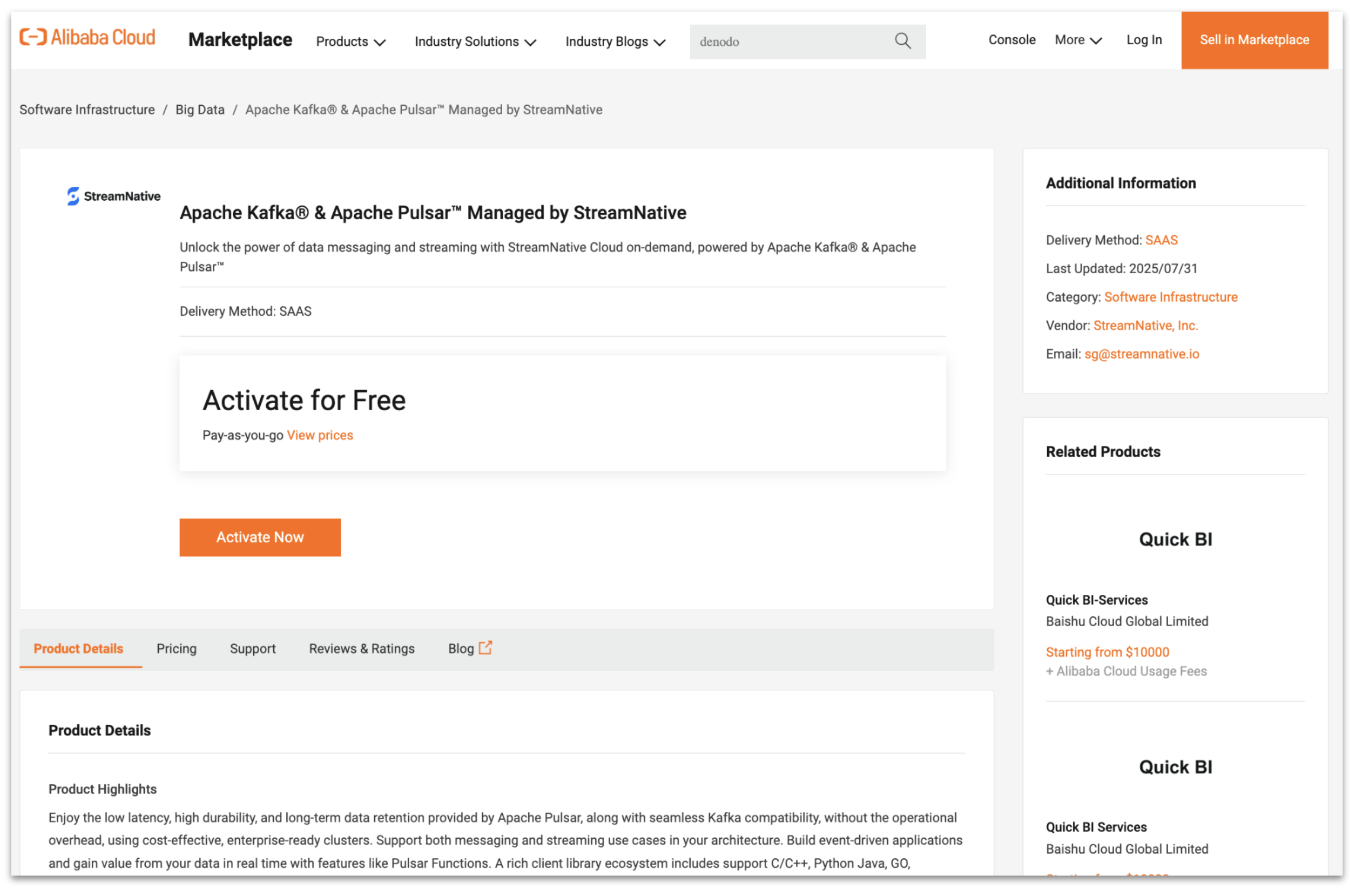 Product overview of StreamNative Cloud service on Alibaba Cloud marketplace