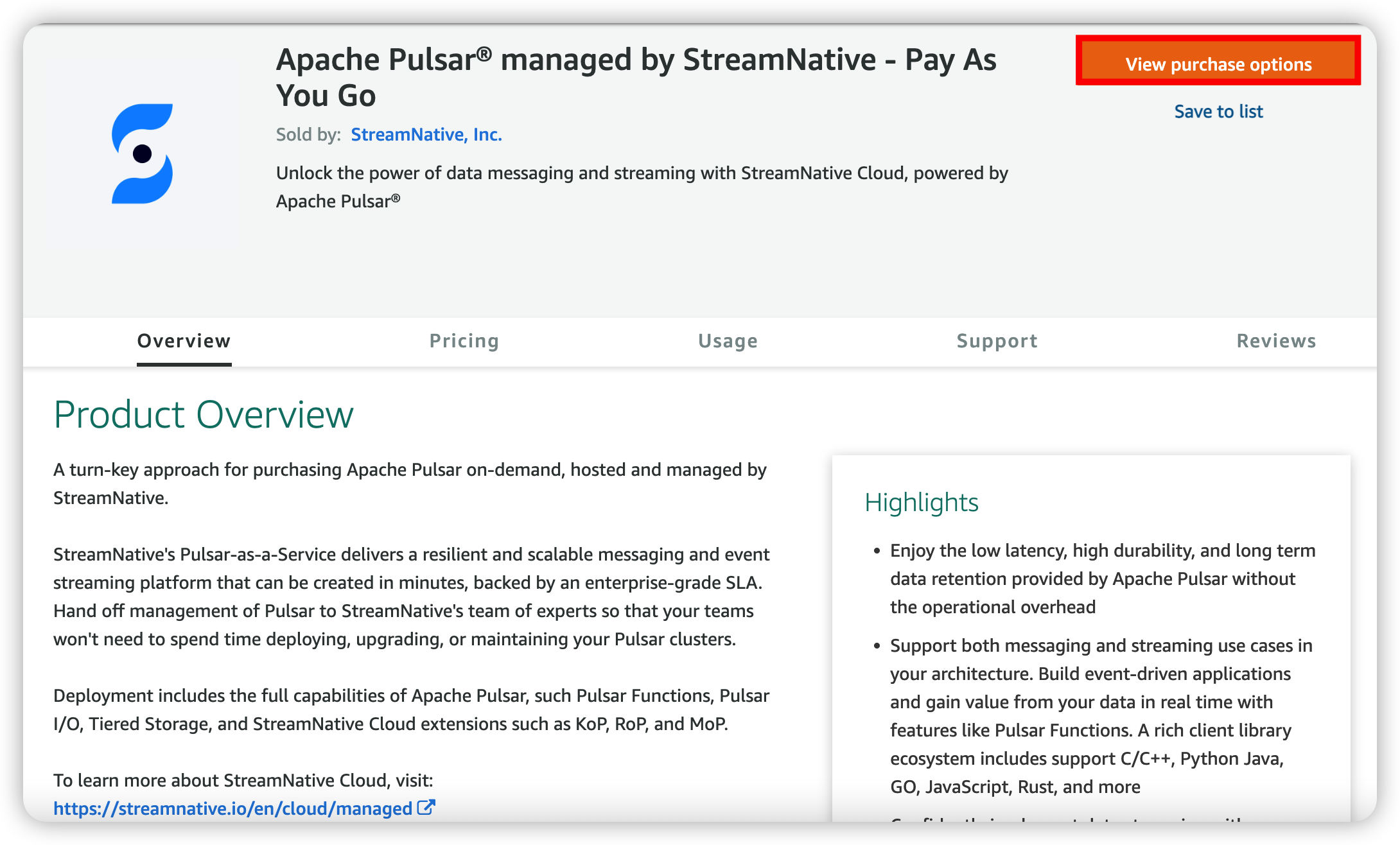 Product overview of StreamNative Cloud service on AWS marketplace
