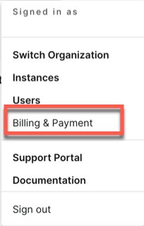 screenshot of the settings menu with billing and payment highlighted
