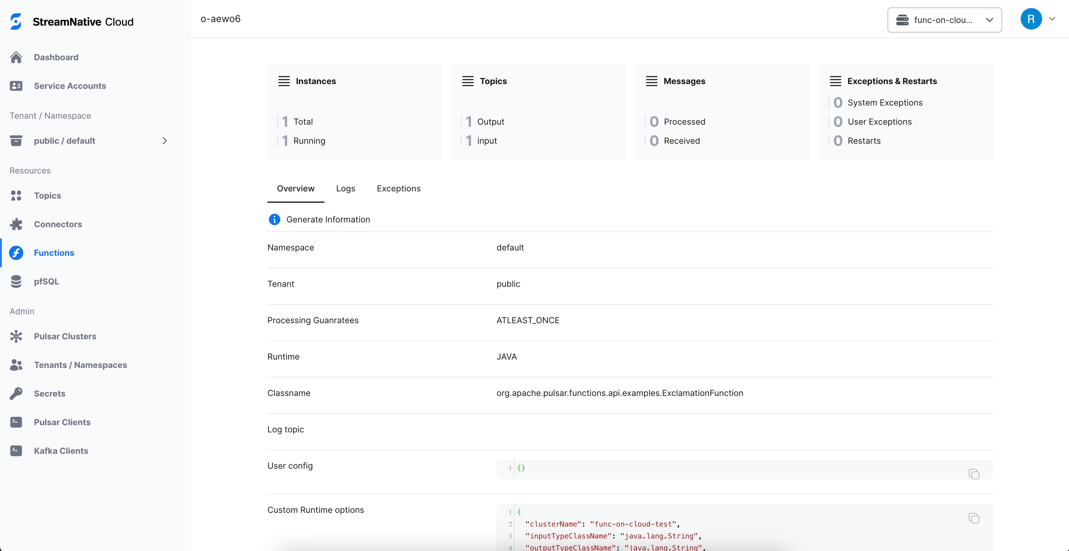 screenshot of functions exception logs
