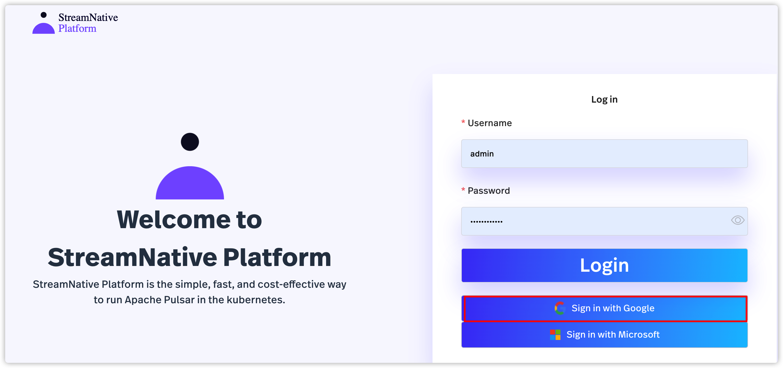 screenshot of StreamNative Console login using a Google account