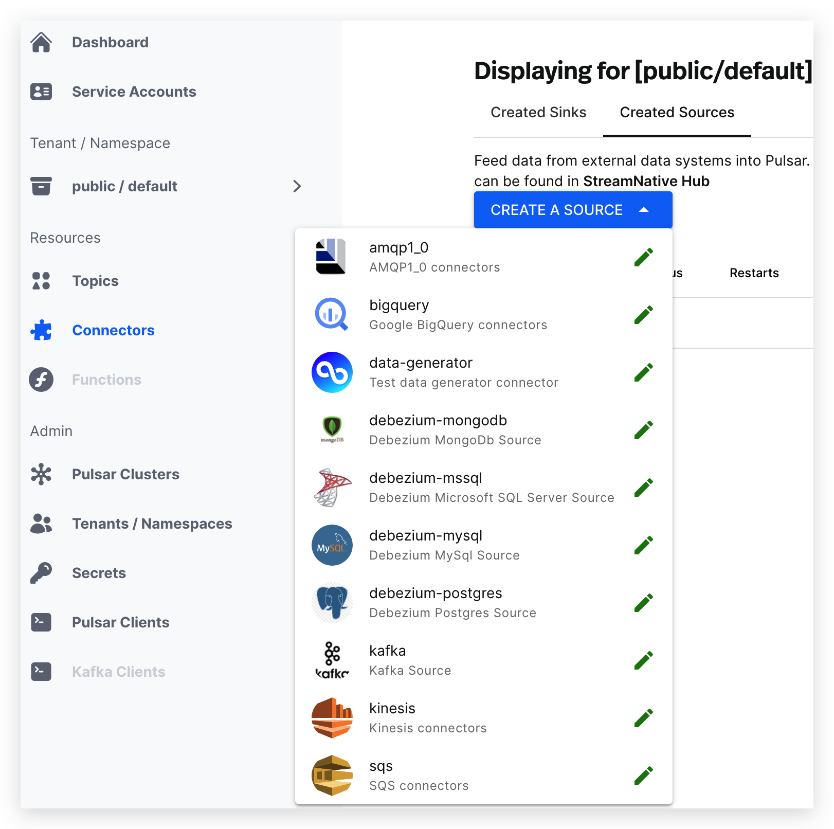 screenshot of creating a source connector
