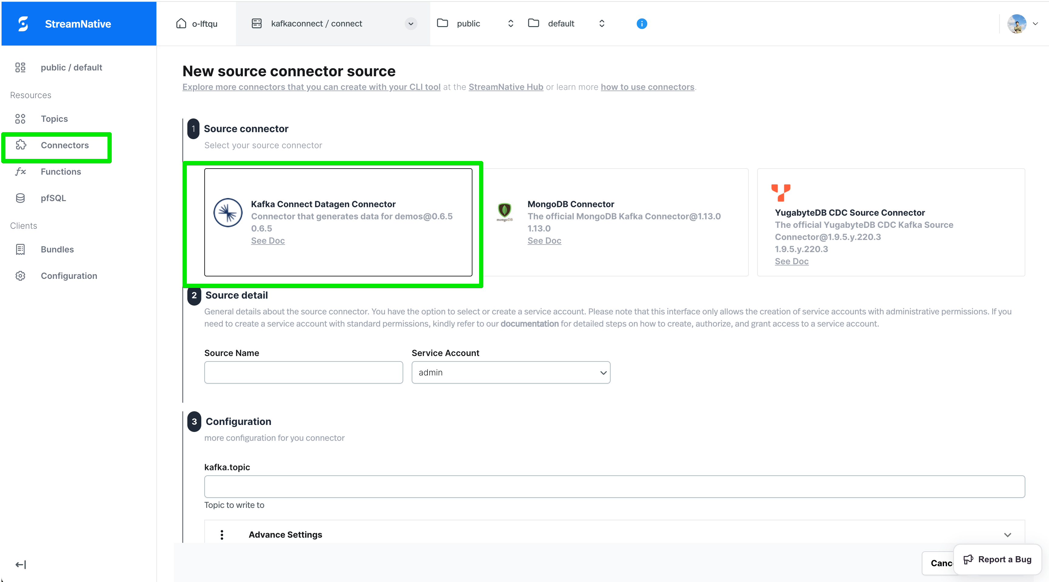 image of creating kafka datagen source connect
