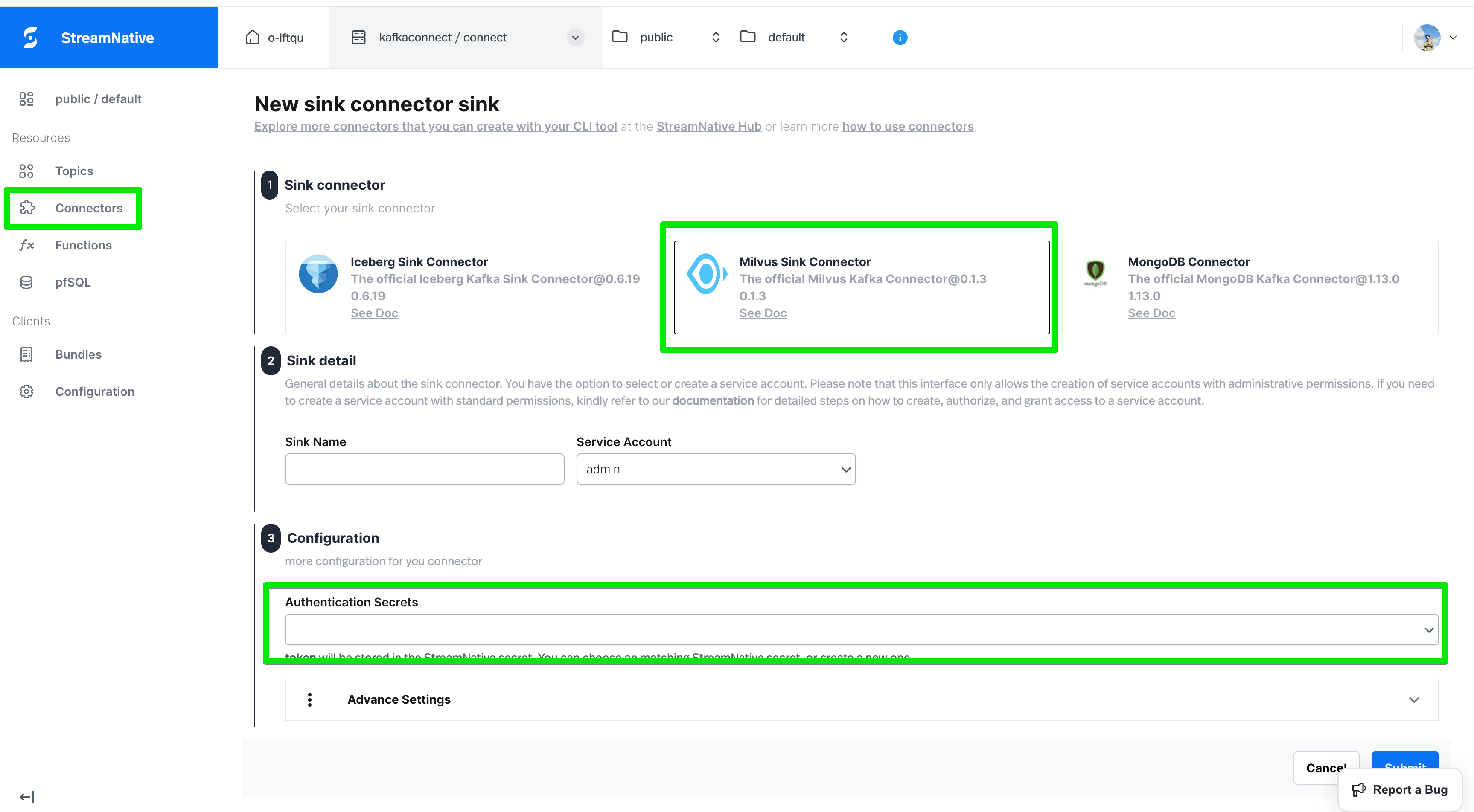 image of creating kafka milvus sink connect