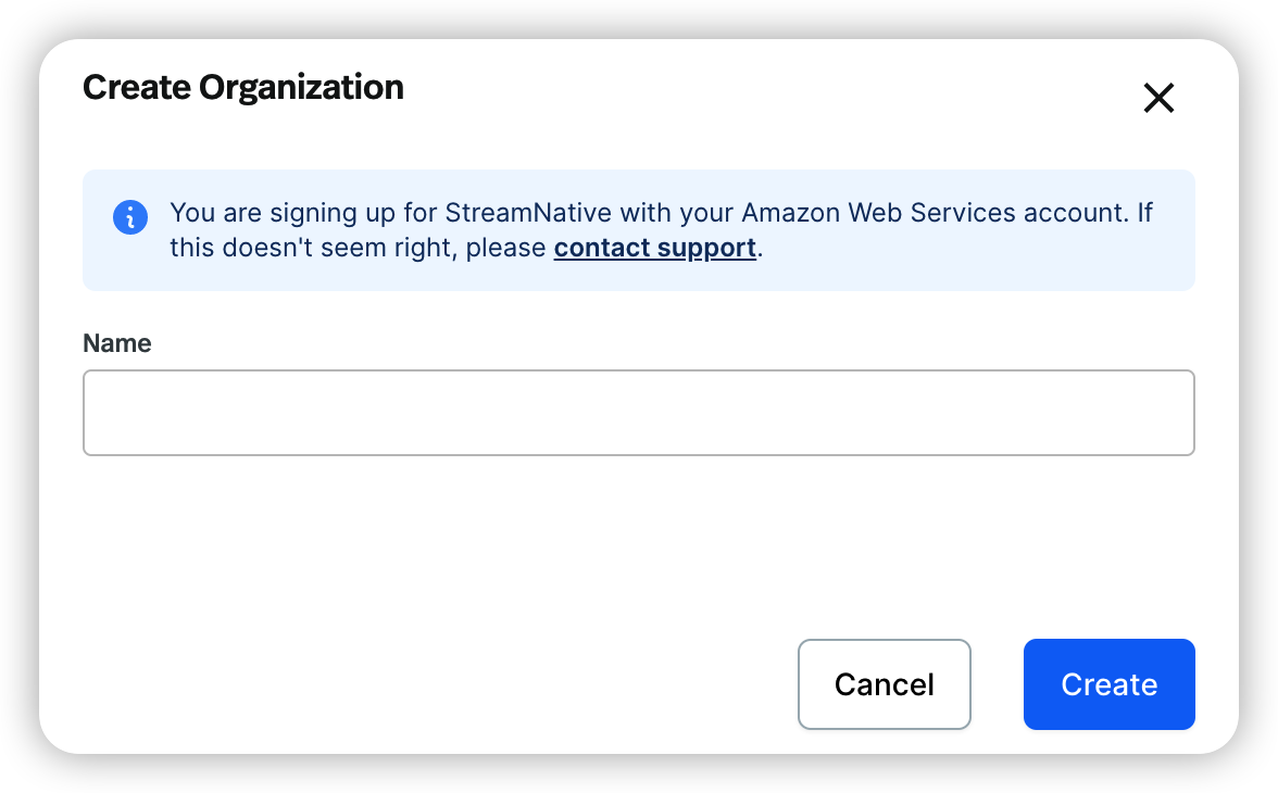 a screenshot of creating an organization for AWS marketplace