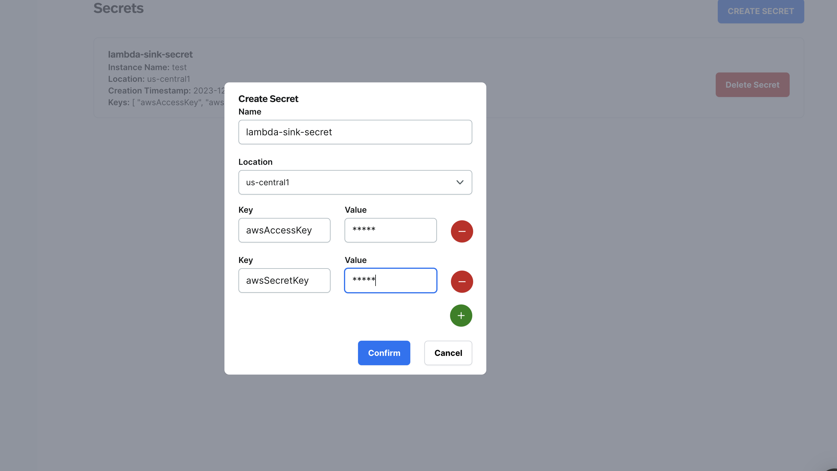 screenshot of creating secret for AWS lambda sink