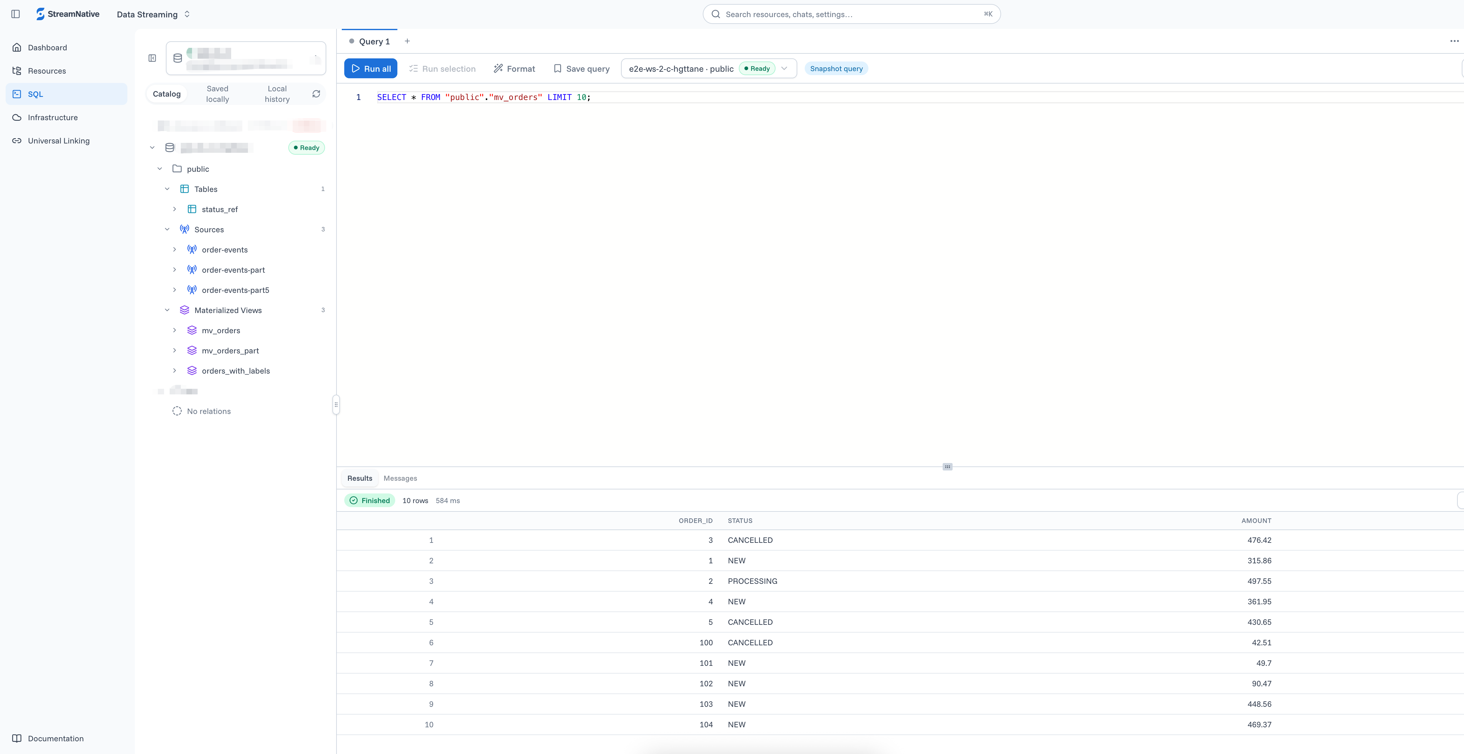 SQL Studio showing the catalog, query editor, and query results