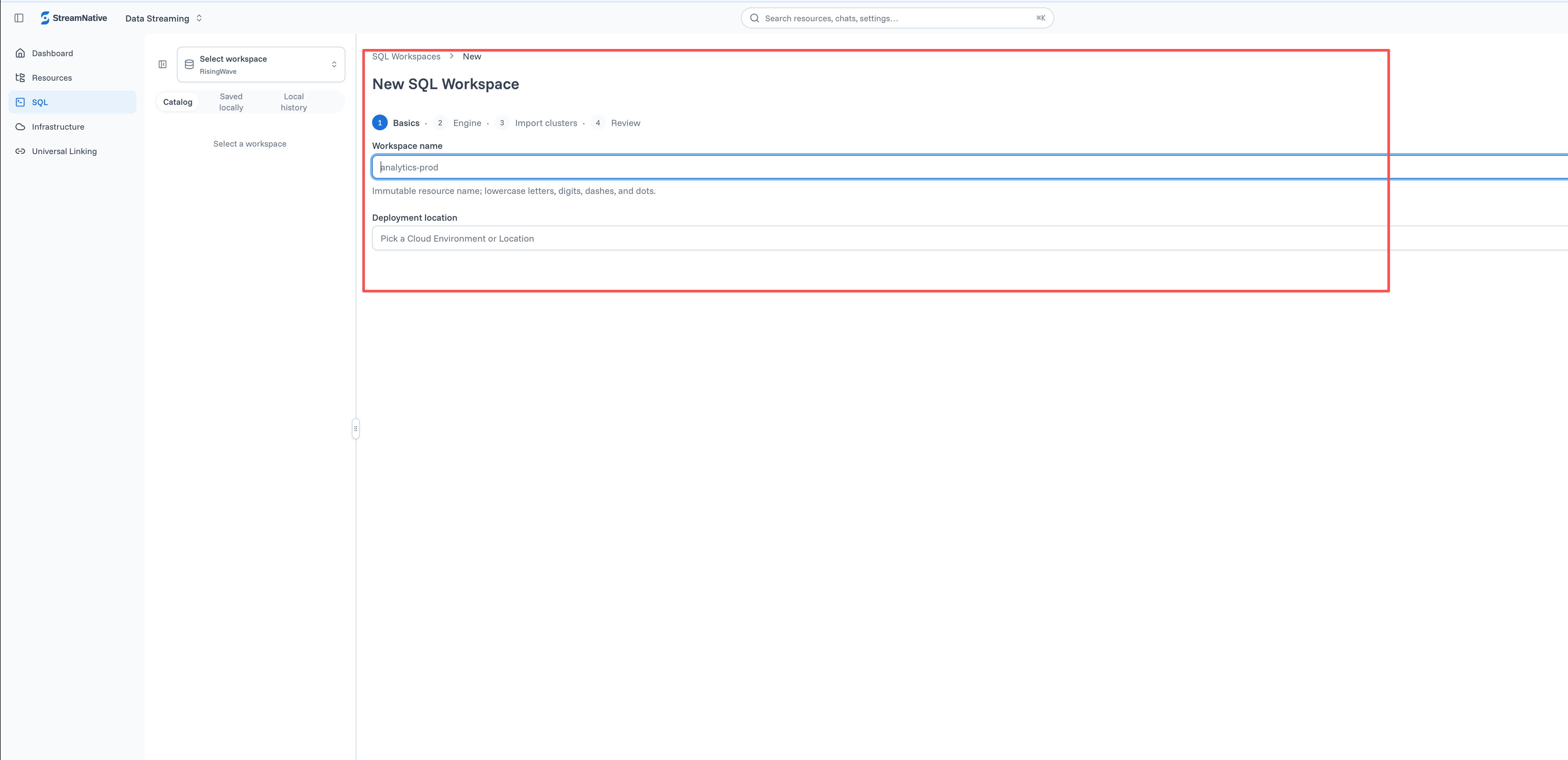 New SQL Workspace wizard