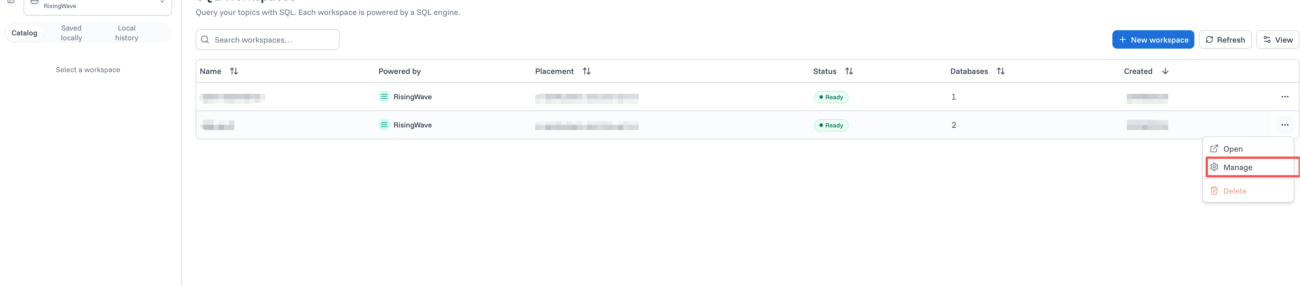 Manage action in the SQLWorkspace menu
