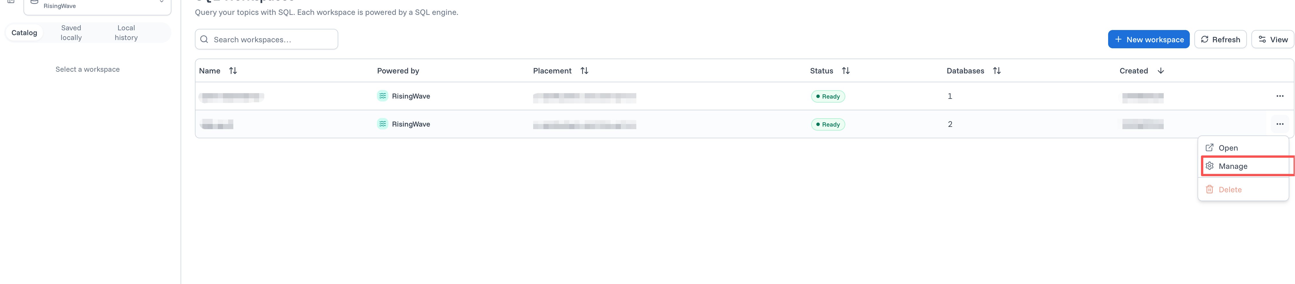 Manage action in the SQLWorkspace menu