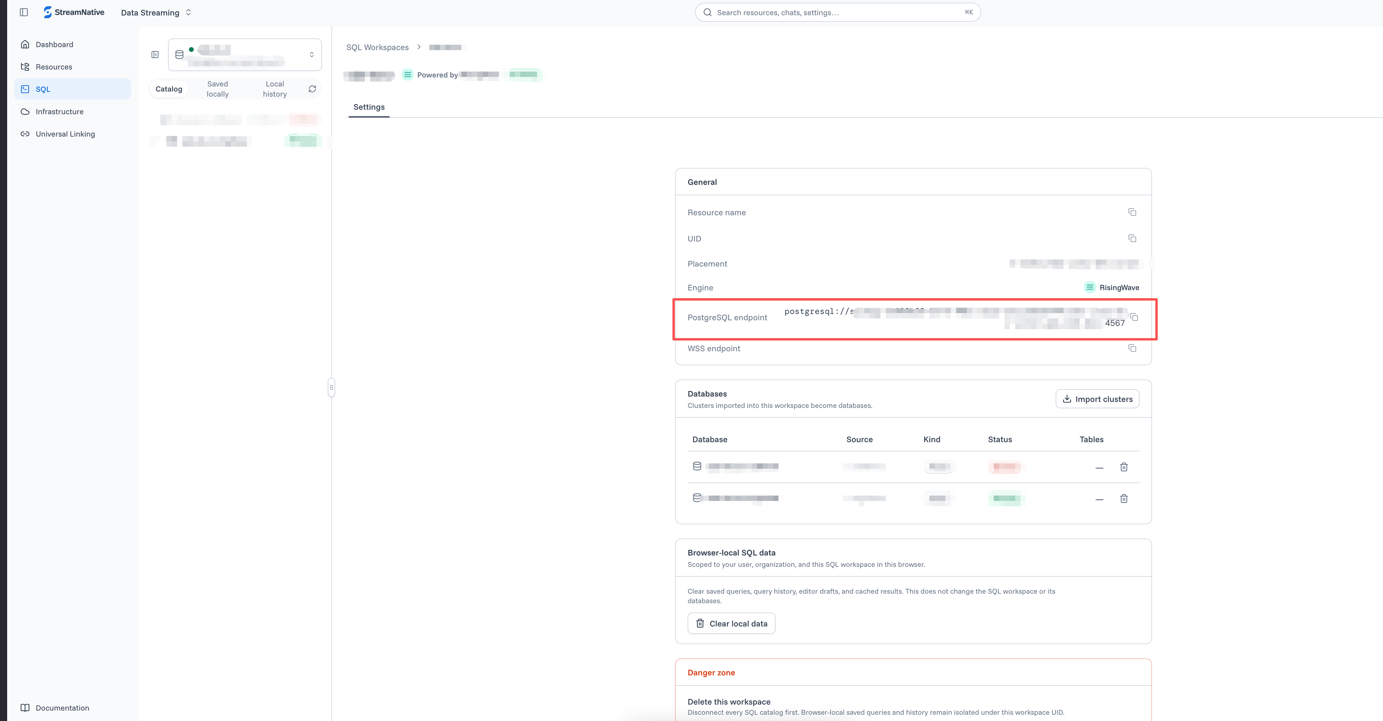Native PostgreSQL endpoint on the SQLWorkspace Settings page