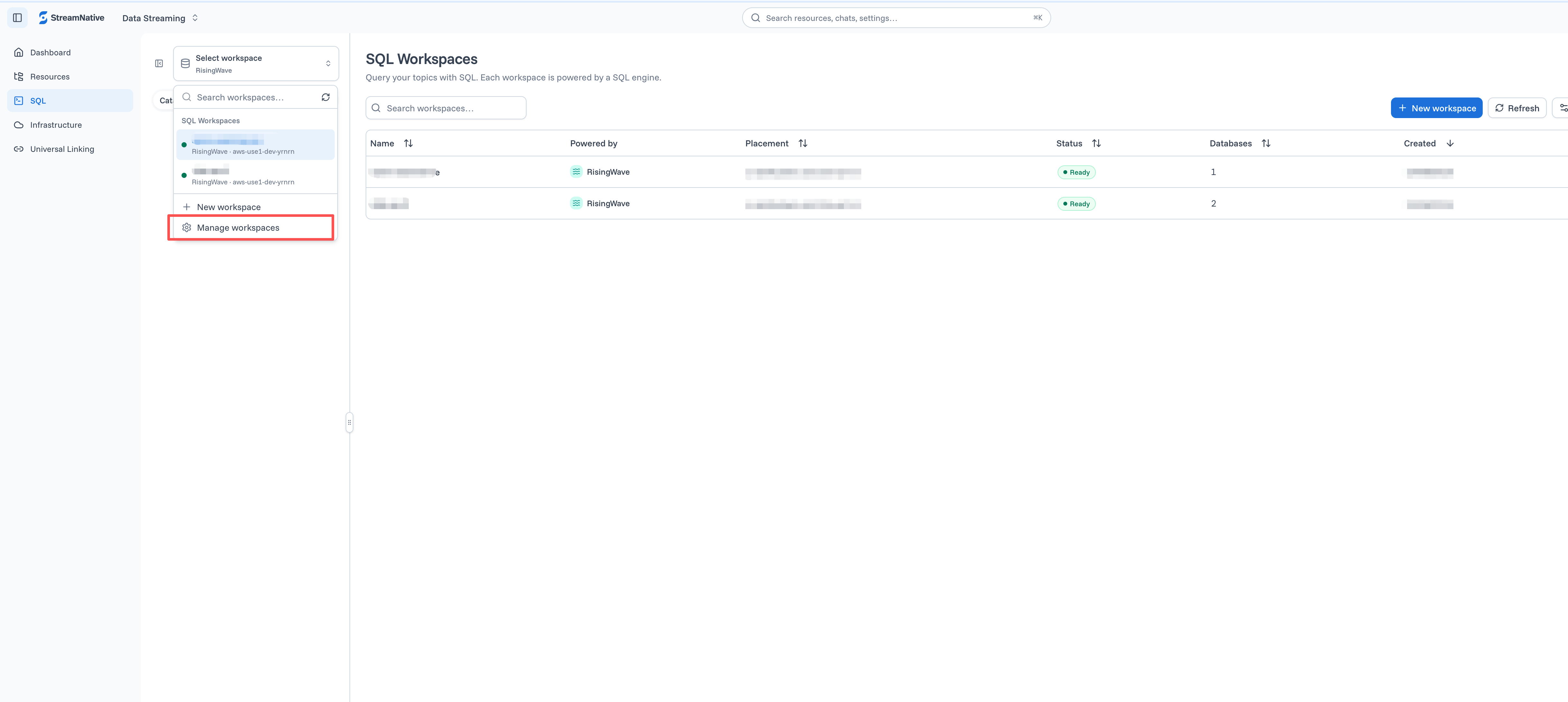 SQL Workspaces page in the StreamNative Cloud Console