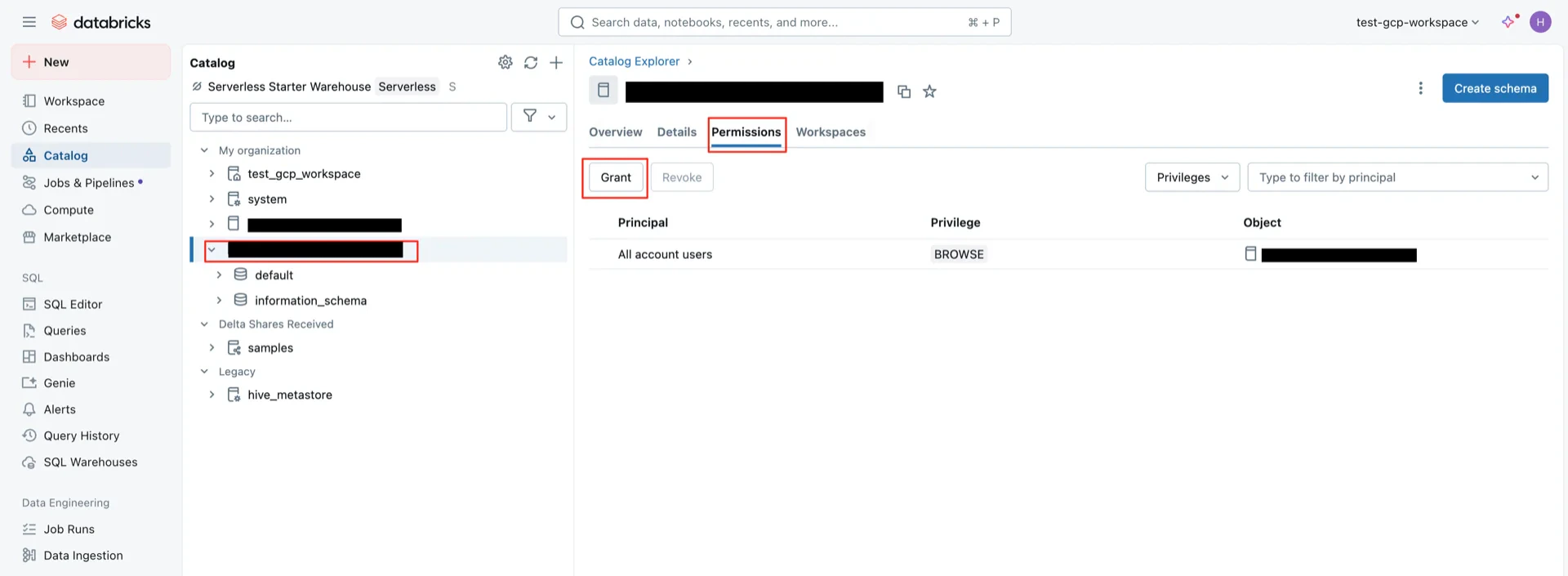 Grant catalog permissions
