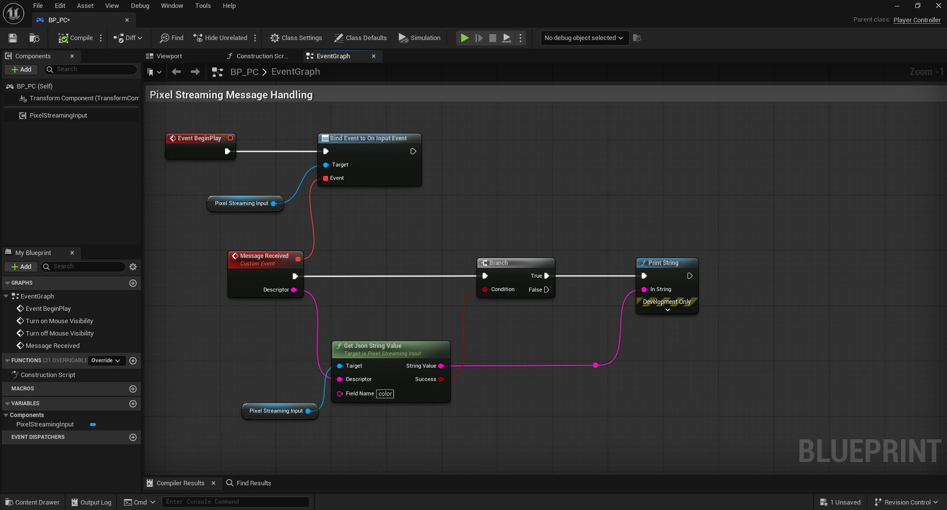 Unreal Engine blueprint receiving Pixel Streaming JSON messages