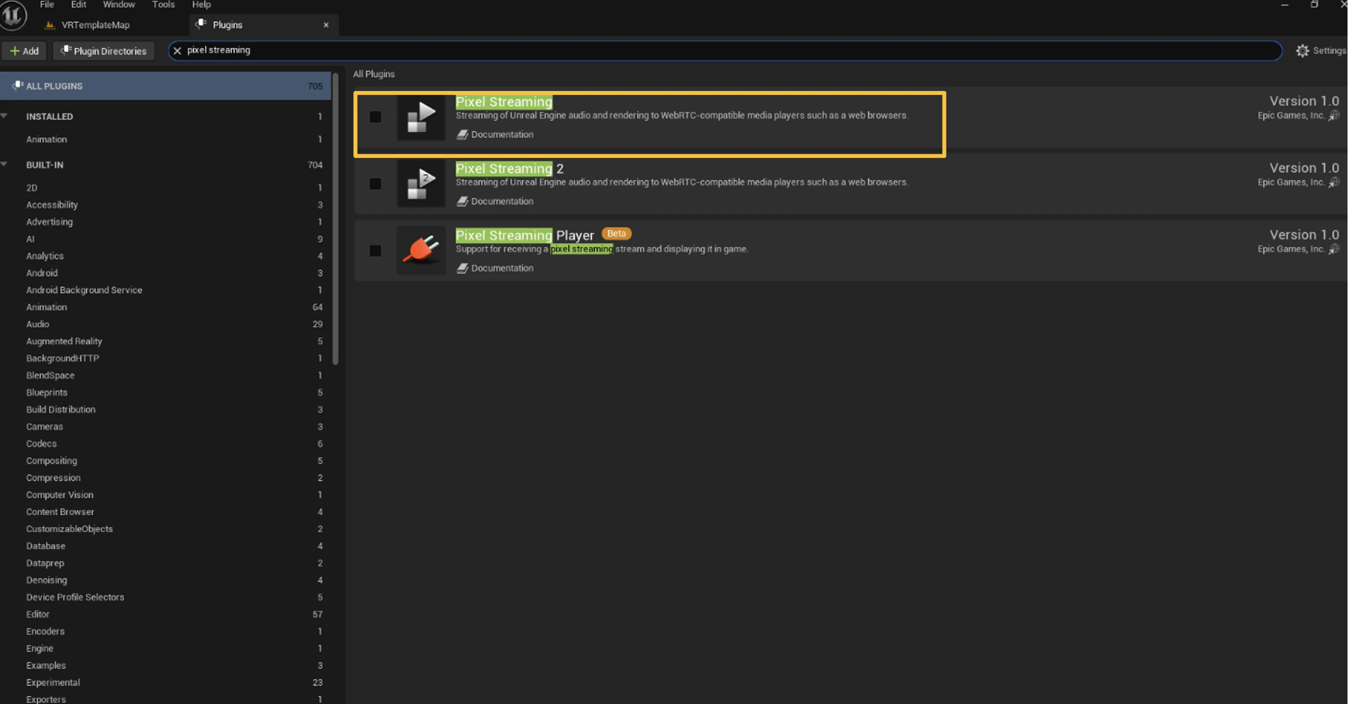 Searching for the Pixel Streaming plugin