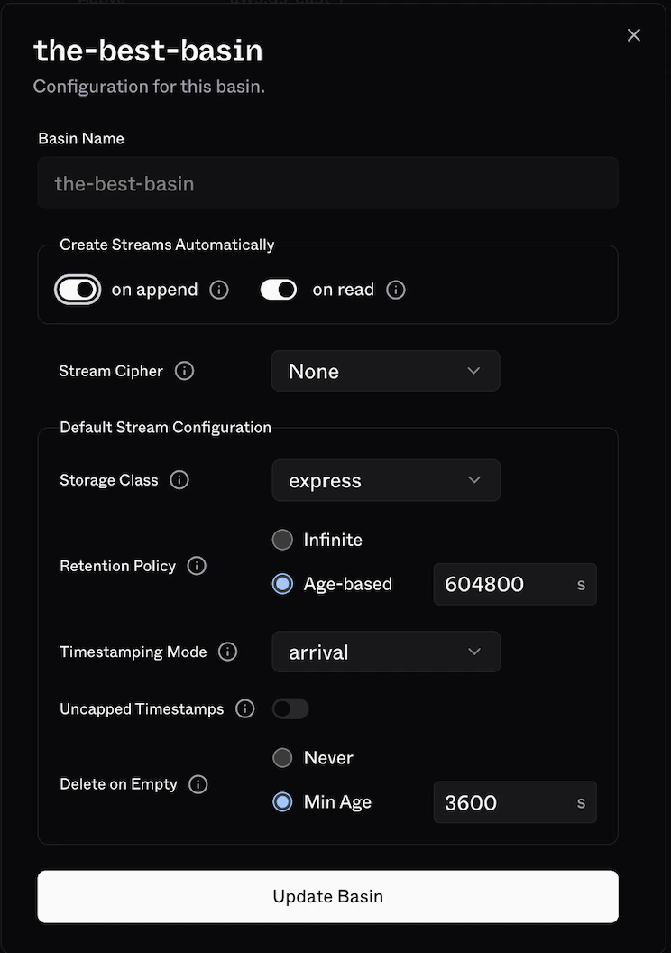 Basin config in the S2 dashboard