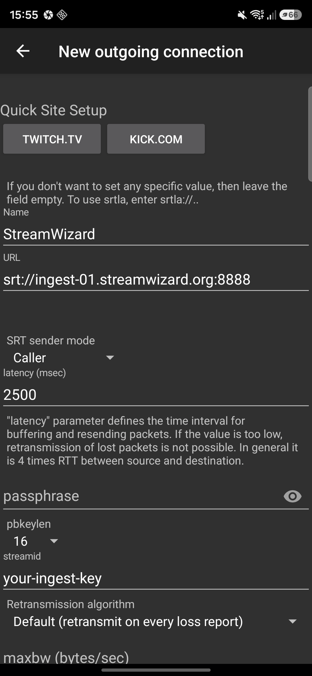 IRL Pro SRT connection settings