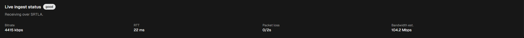 Live ingest status showing bitrate, RTT, packet loss and bandwidth estimate