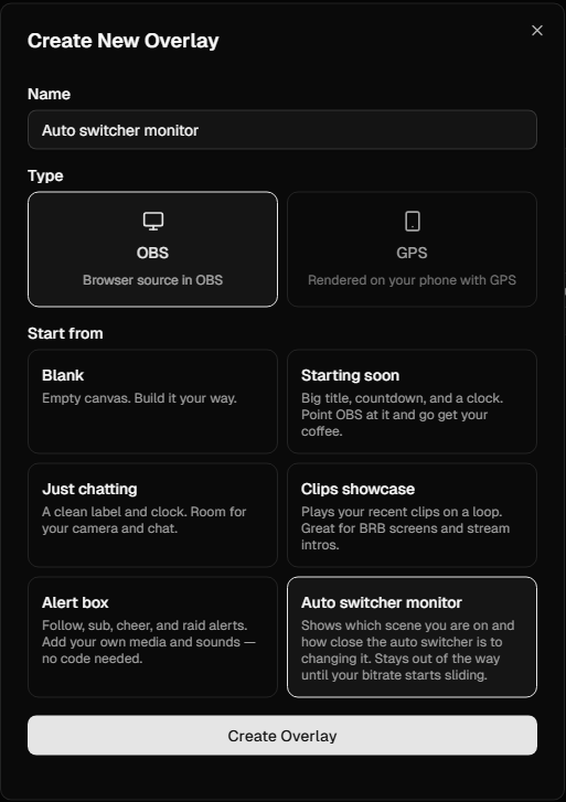 Create New Overlay dialog with the Auto switcher monitor template selected