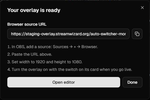Your overlay is ready dialog with the browser source URL