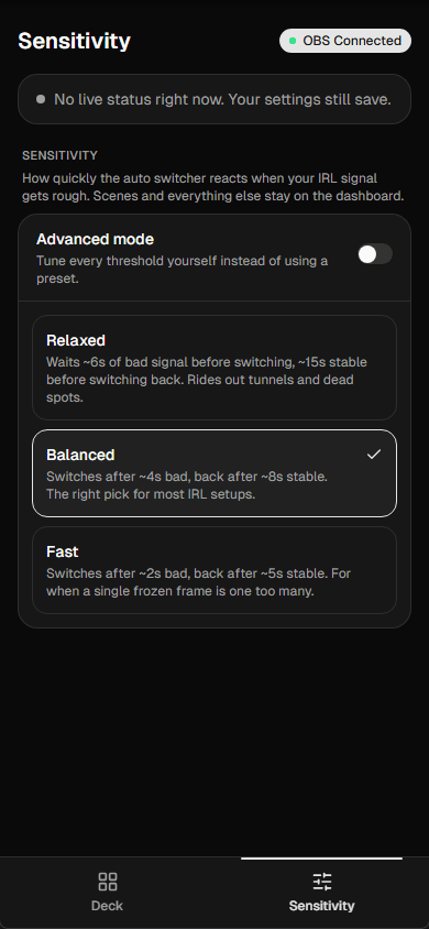 Deck sensitivity tab