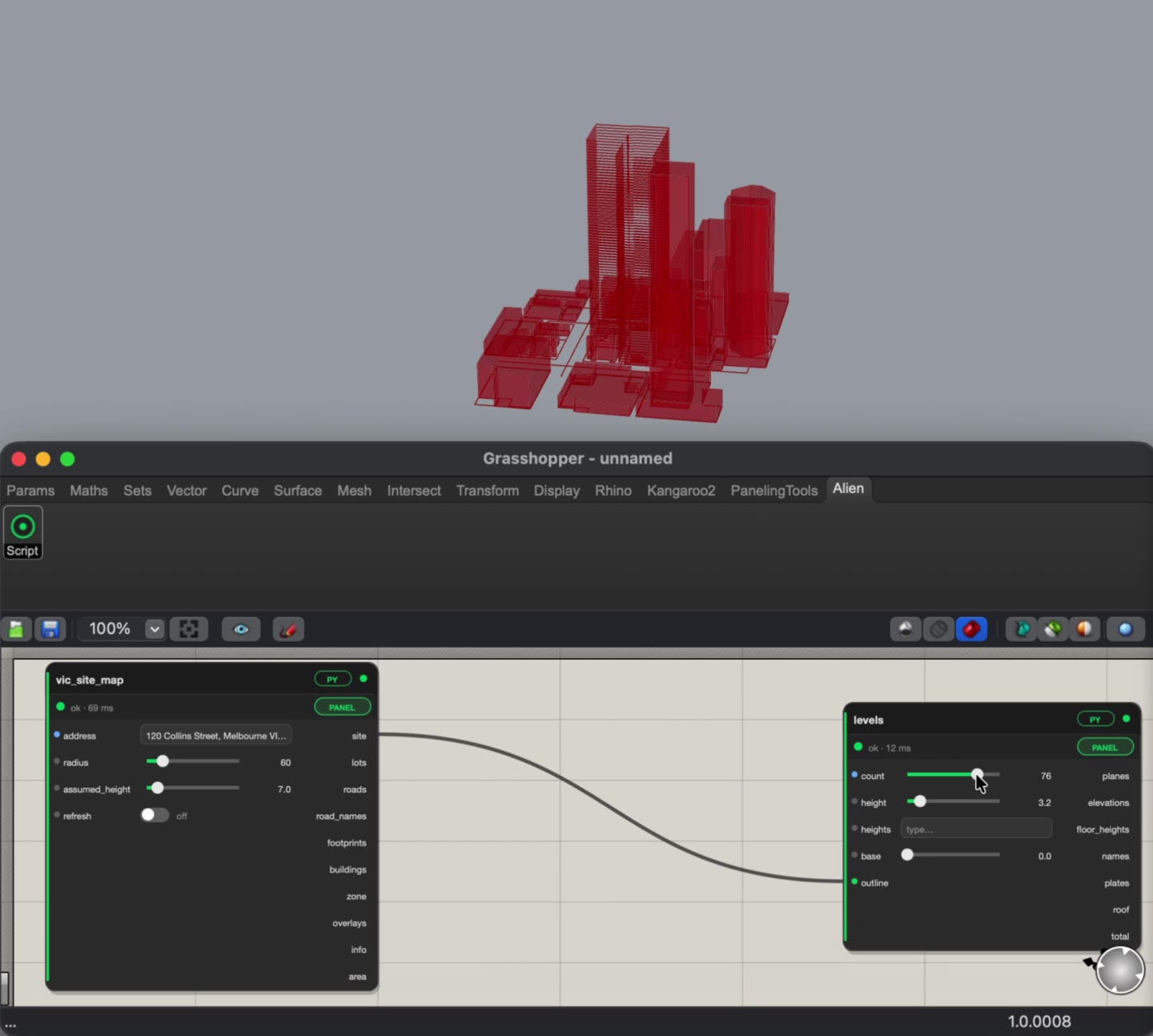 The vic_site_map component wired into the levels component on the Grasshopper canvas, with building massing in the Rhino viewport above
