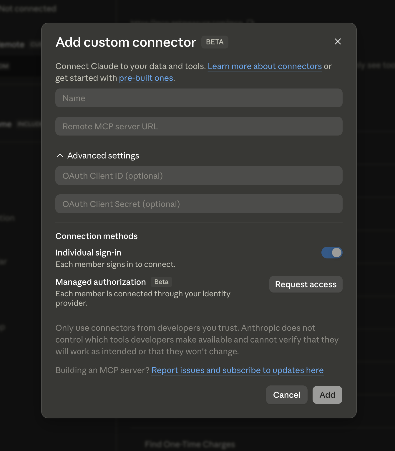 Add custom connector modal
