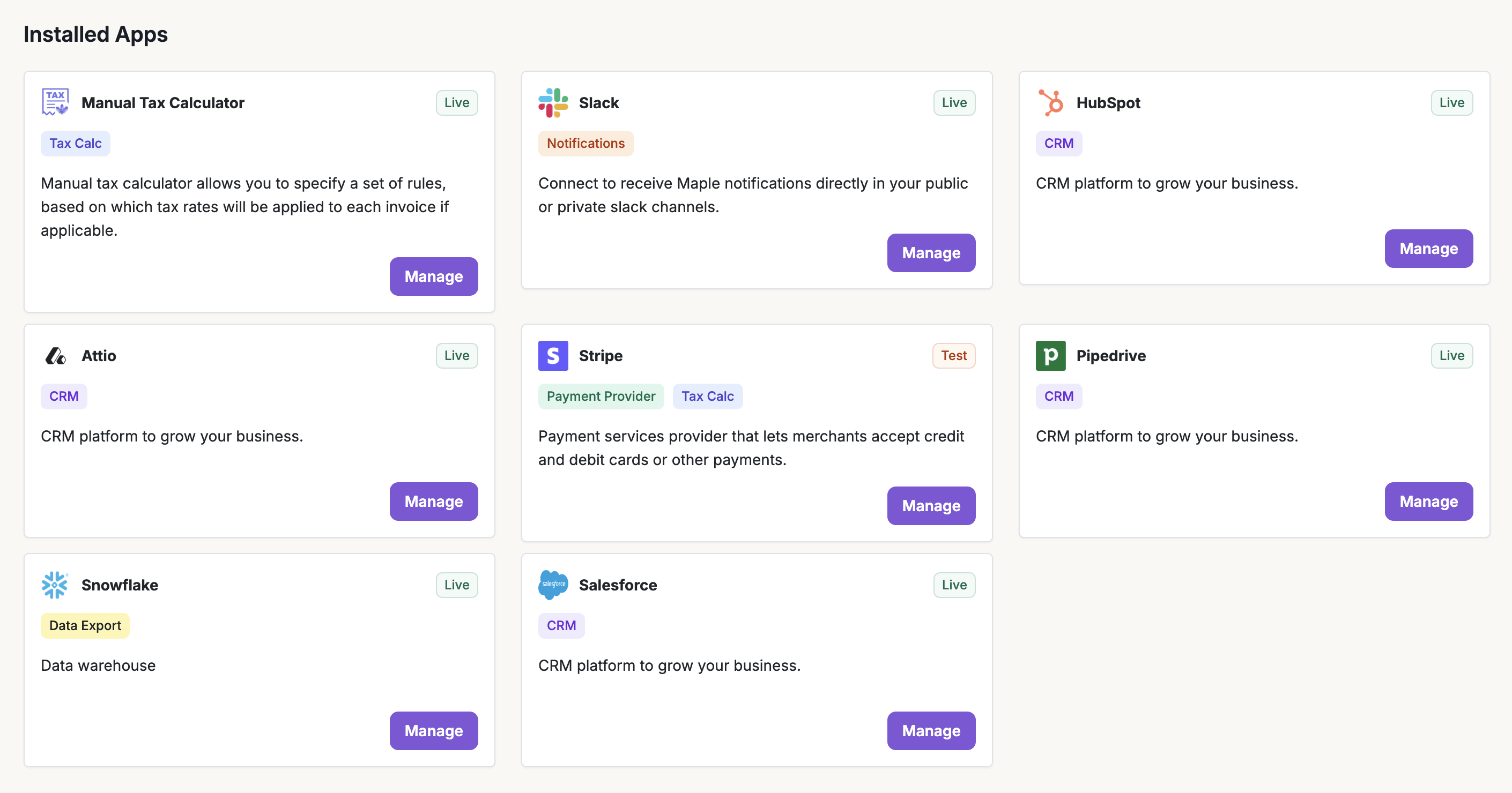 Integrations page with Stripe Connect option