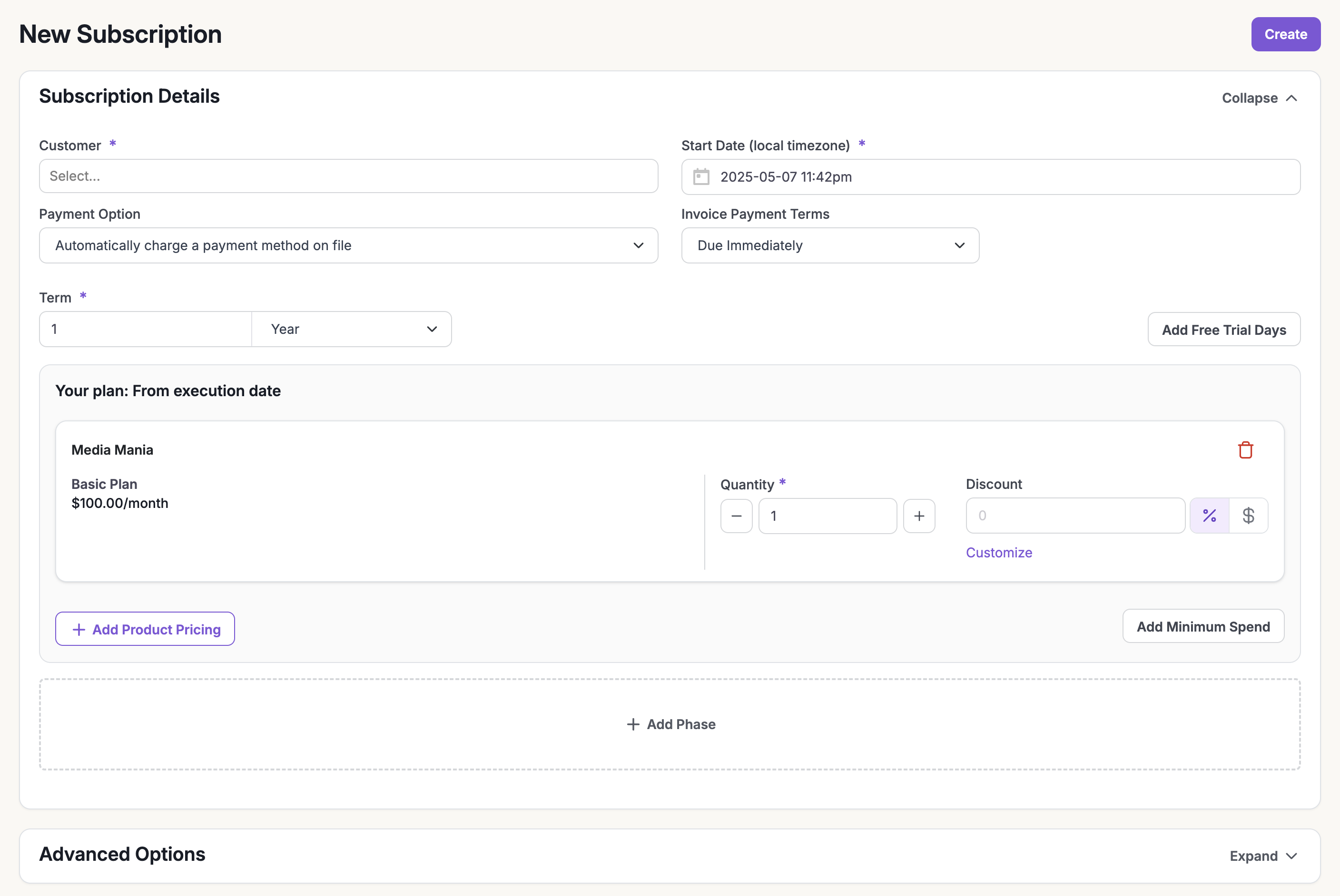 Plan selection and Advanced Options