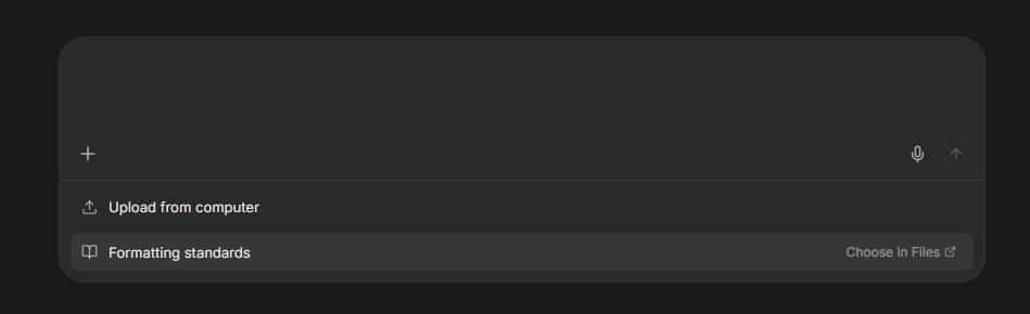The + menu with Upload from computer and Formatting standards