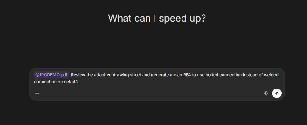 A prompt with the drawing tagged: generate an RFA to use bolted connection instead of welded connection on detail 2