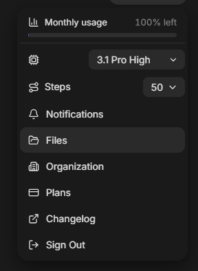 Files entry in the account menu