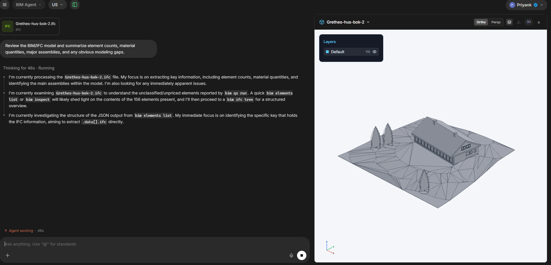 BIM Agent reviewing a model with 3D viewer and layers panel