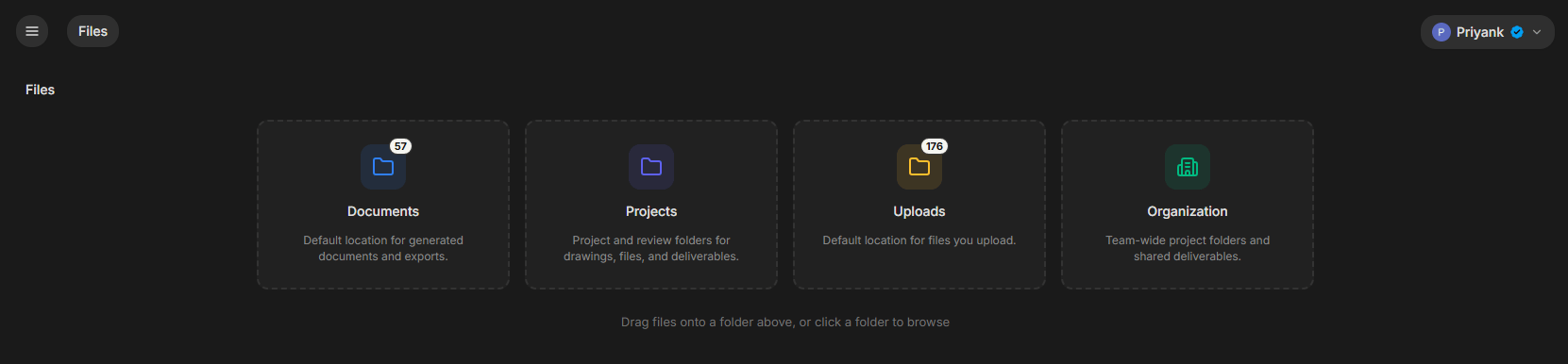 The Files home screen with Documents, Projects, Uploads, and Organization