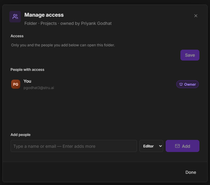 Manage Access dialog for a personal folder, showing only you with access