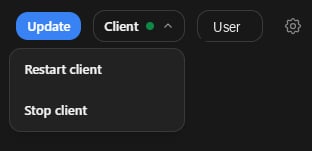 Client controls: Restart client and Stop client