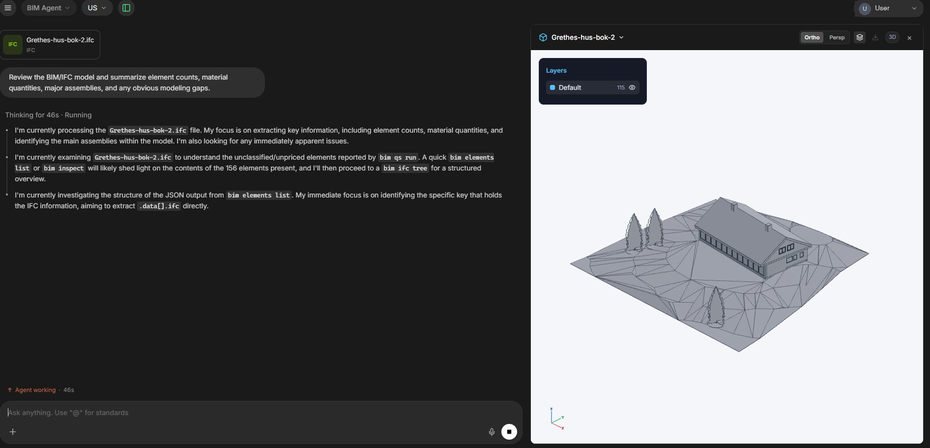 The BIM Agent reading an IFC file with the 3D model viewer open beside the chat