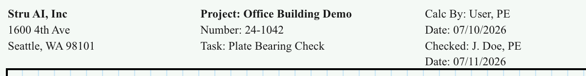 A finished calc sheet header: firm name and address on the left, project name, number, and task in the middle, calc by and checked by with dates on the right