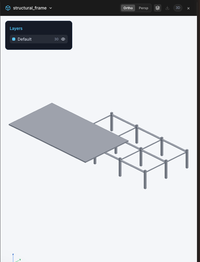 A 3D model in the Canvas with the Layers panel open and Ortho/Persp controls in the header