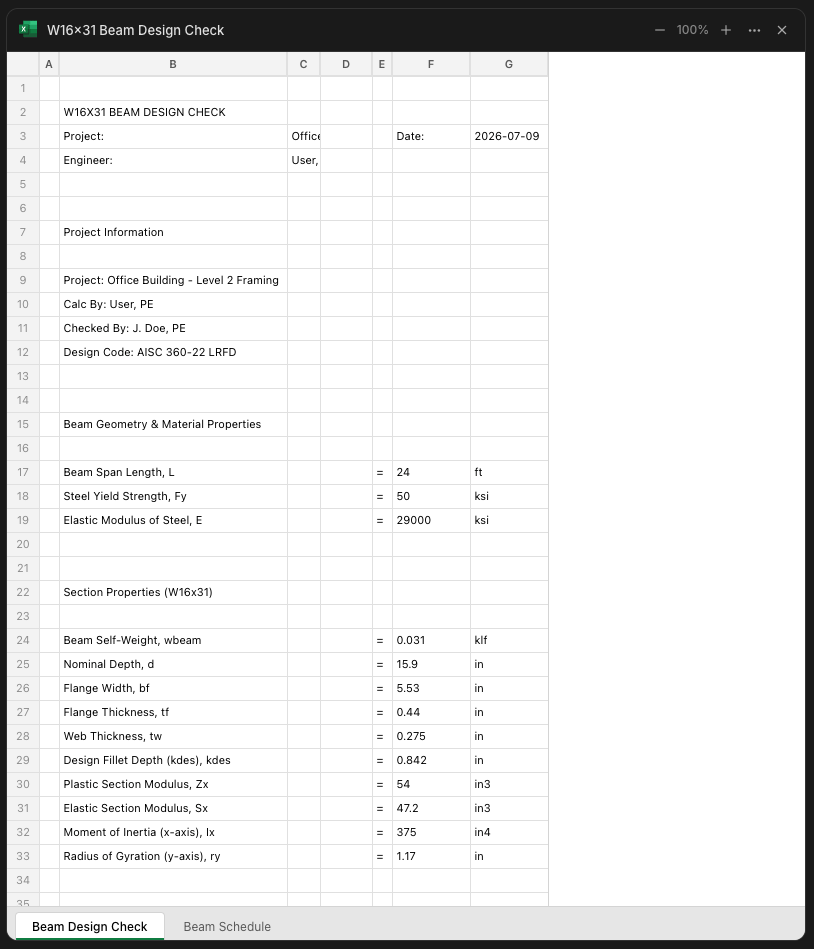 An Excel workbook in the Canvas: a beam design check sheet with project header rows, live cells, and sheet tabs along the bottom