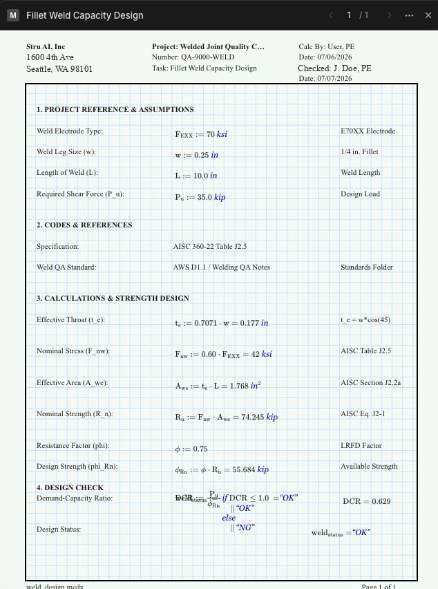 A calc sheet in the Canvas: header fields at the top, then project reference, code references, calculations, and the design check