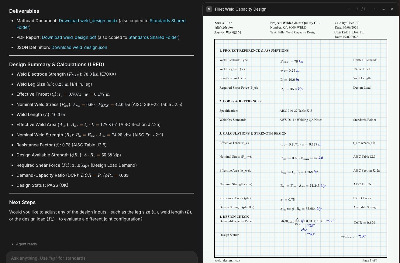 A conversation with the Canvas open, showing a fillet weld capacity calc sheet being built beside the chat