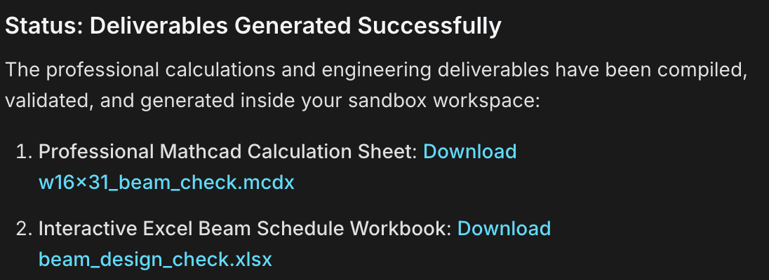 The chat reporting deliverables generated, with download links for the Mathcad calc sheet and the Excel workbook