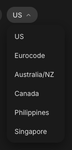 The design standard dropdown showing US, Eurocode, Australia/NZ, Canada, Philippines, and Singapore