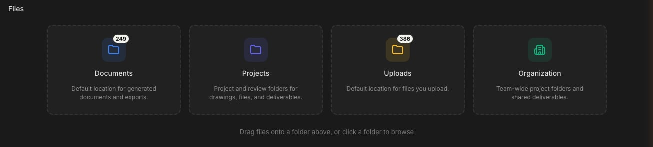 The Files home screen with the Documents, Projects, Uploads, and Organization areas