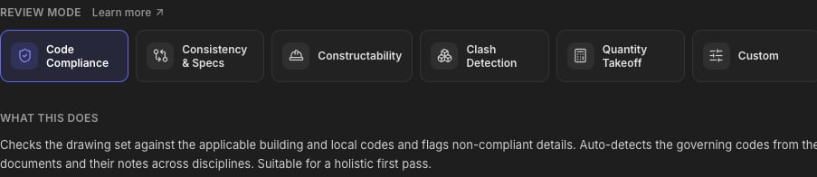 The six review mode cards in the review dialog, with the What This Does explanation below